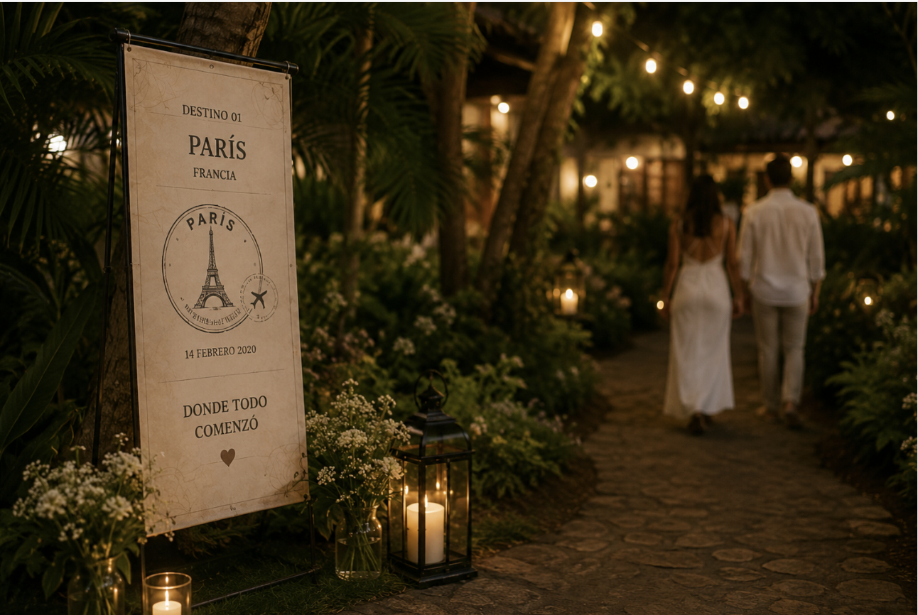 A custom-designed passport open to a Paris page, part of the Passport to Forever marriage proposal experience in Puerto Vallarta