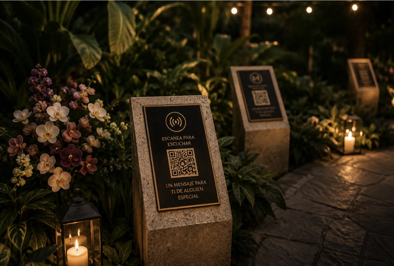 Un marcador con código QR escondido a lo largo de un sendero privado, parte de la experiencia El Viaje Sonoro donde las voces de sus seres queridos guían a tu pareja