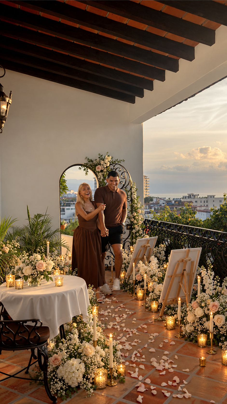 Romantic proposal surrounded by flowers and candles on a private terrace in Puerto Vallarta