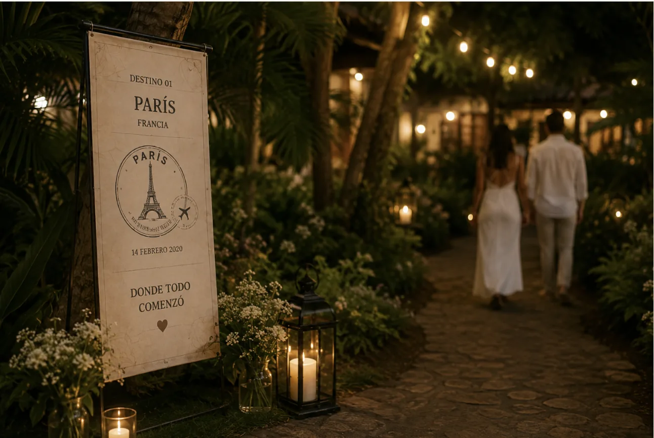 Un pasaporte personalizado abierto en la página de París, parte de la experiencia Pasaporte a Para Siempre en Puerto Vallarta