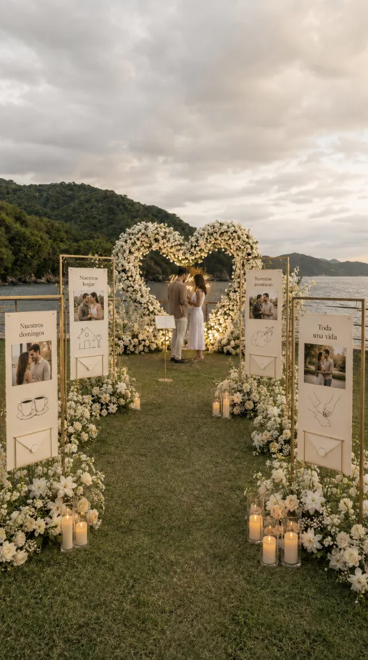 Couple in front of a white floral heart arch with story signs overlooking the ocean in Puerto Vallarta