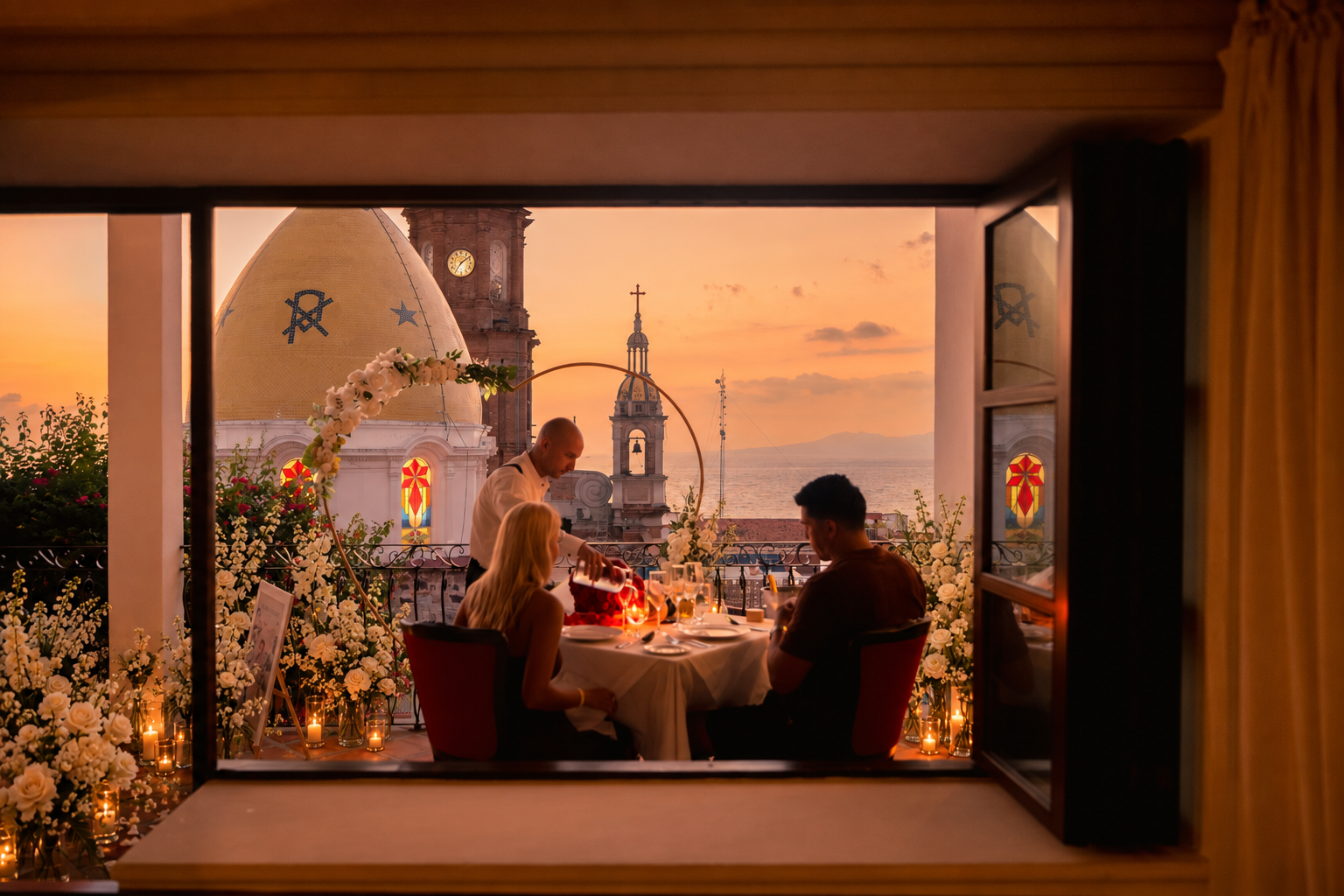 Private sunset dinner with white roses after a Puerto Vallarta proposal