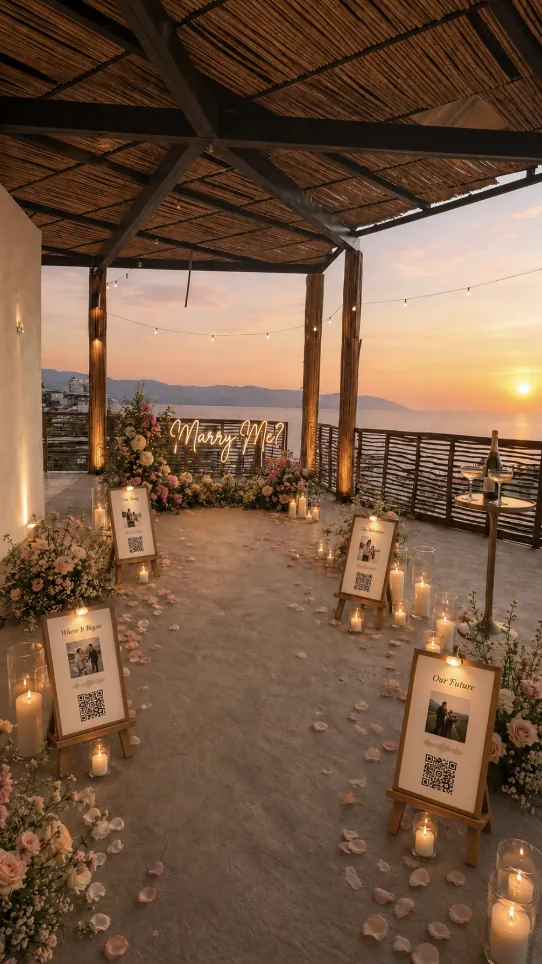 Rooftop proposal setup at sunset with a Marry Me neon sign, roses and photo easels in Puerto Vallarta