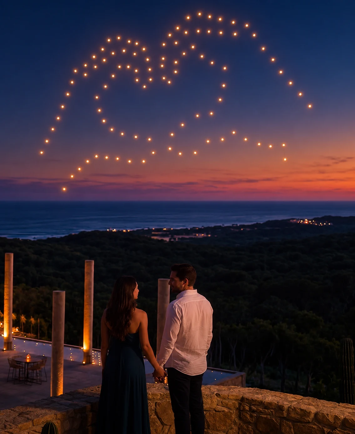 Illustrative drone proposal with luminous hearts above the ocean and a couple watching